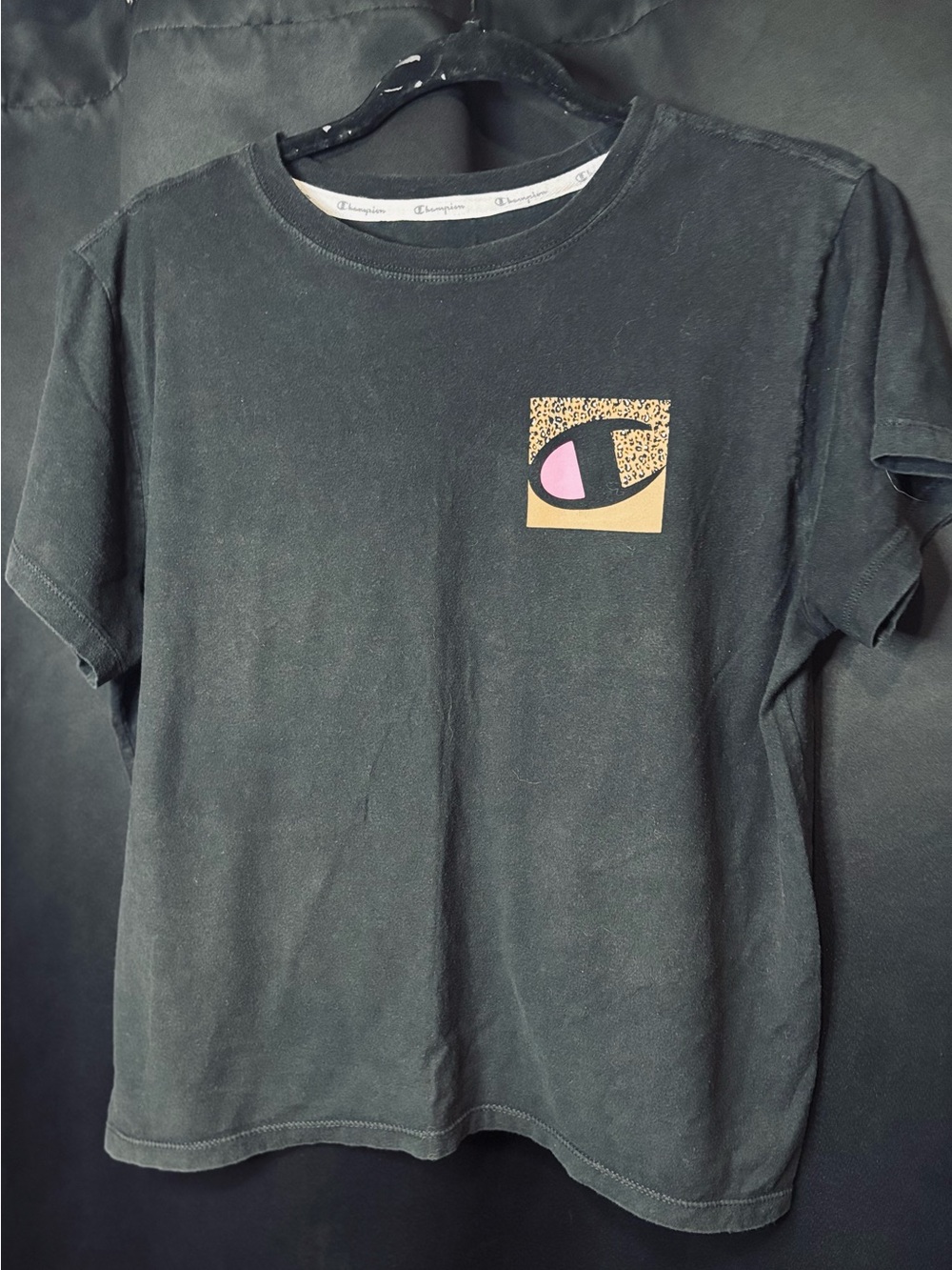 Champion Black Short Sleeve Tee with Pink Accent Logo